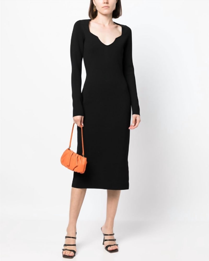 Front of a model wearing a size L Imka Cashmere Midi Dress In Black in Black by Veronica Beard. | dia_product_style_image_id:346664
